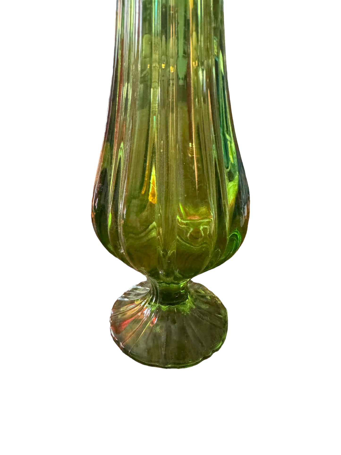 Vintage MCM  LE Smith  15.5" Swung Glass Green Ribbed  Pedestal Vase
