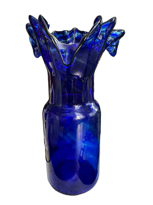 Cobalt Glass Blue Ruffled Top Flower Vase - Nice Thick Glass - Hand Blown