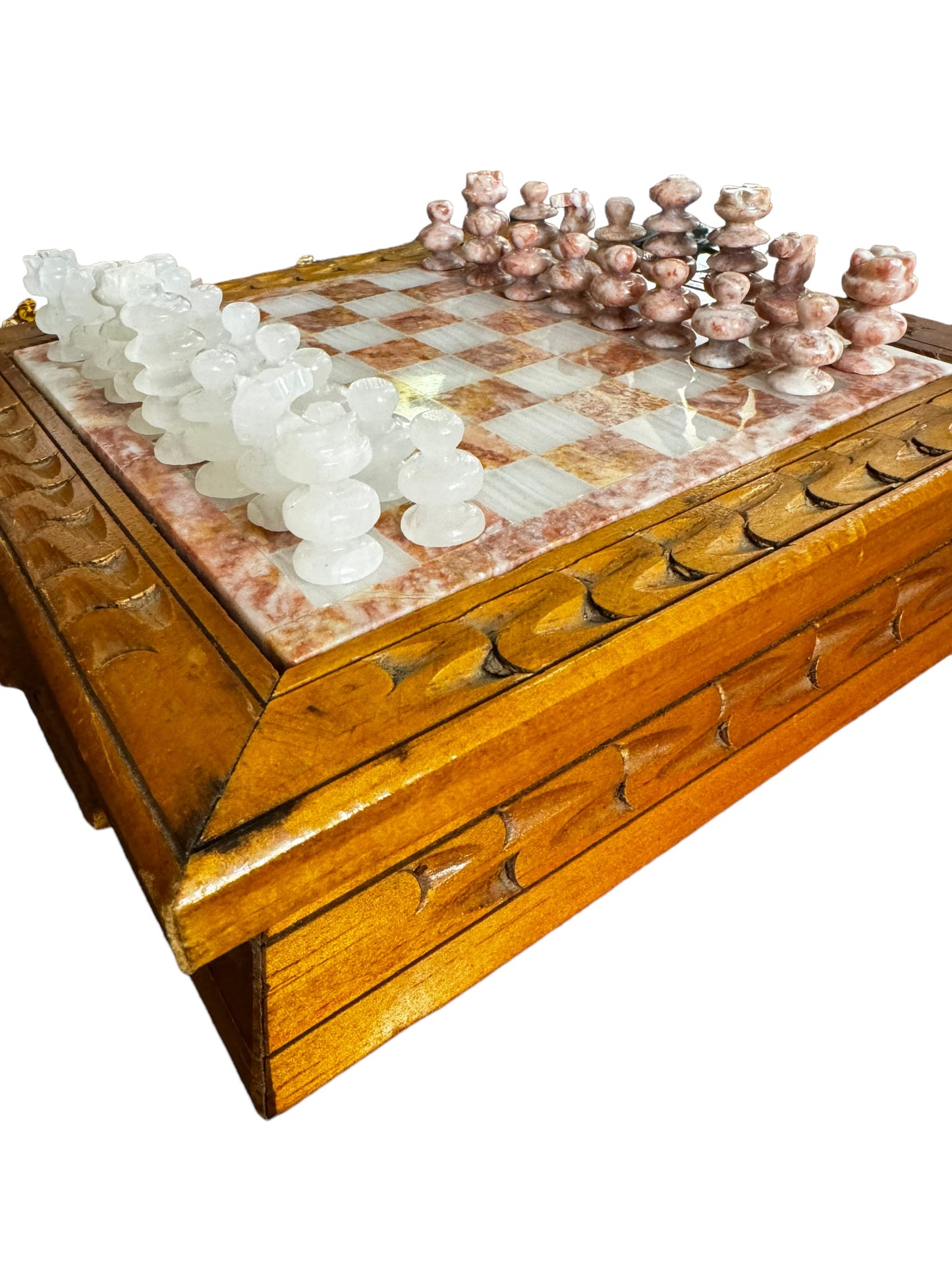 Vintage Marble And Wood Chess Set with Marble Carved Pieces -Complete-