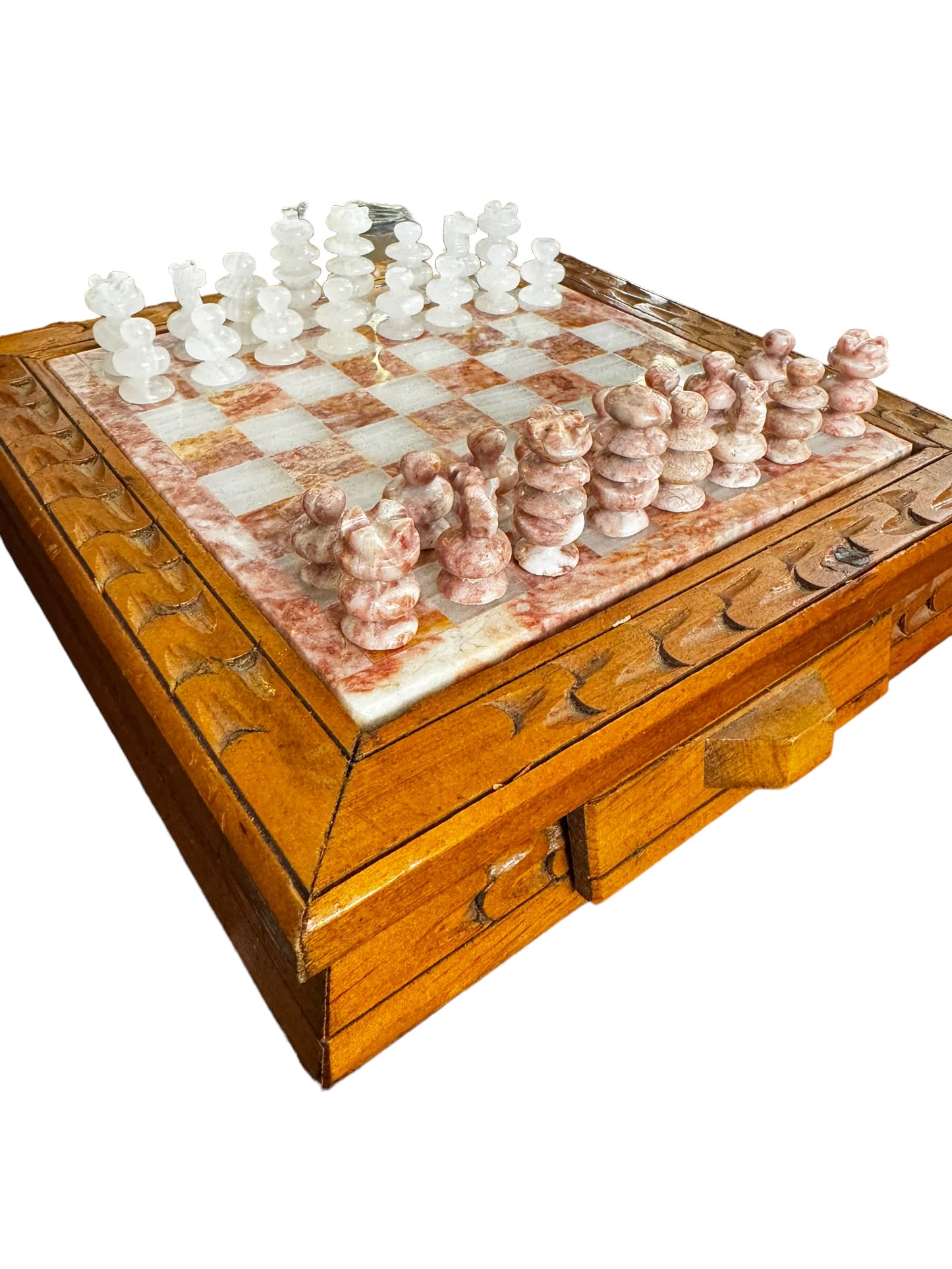 Vintage Marble And Wood Chess Set with Marble Carved Pieces -Complete-