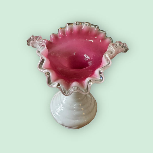 Fenton Vintage Pink Peach Cased In Milk Glass Crest Ruffle Vase
