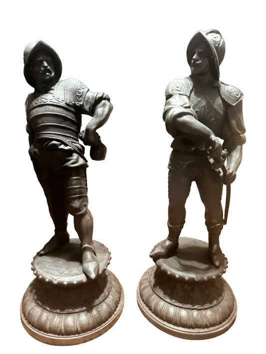 Antique Cast Metal Spelter Statues of Spanish Conquistador Soldiers in Pose