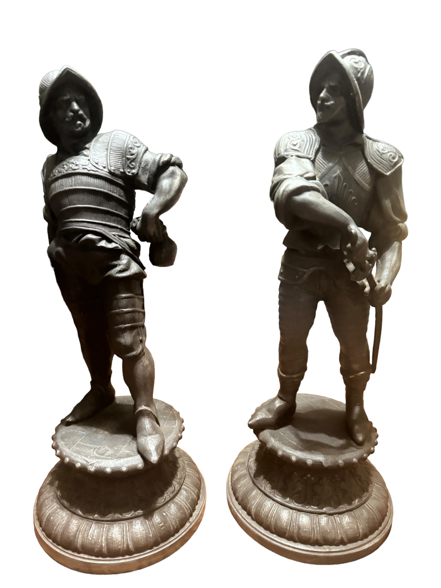 Antique Cast Metal Spelter Statues of Spanish Conquistador Soldiers in Pose