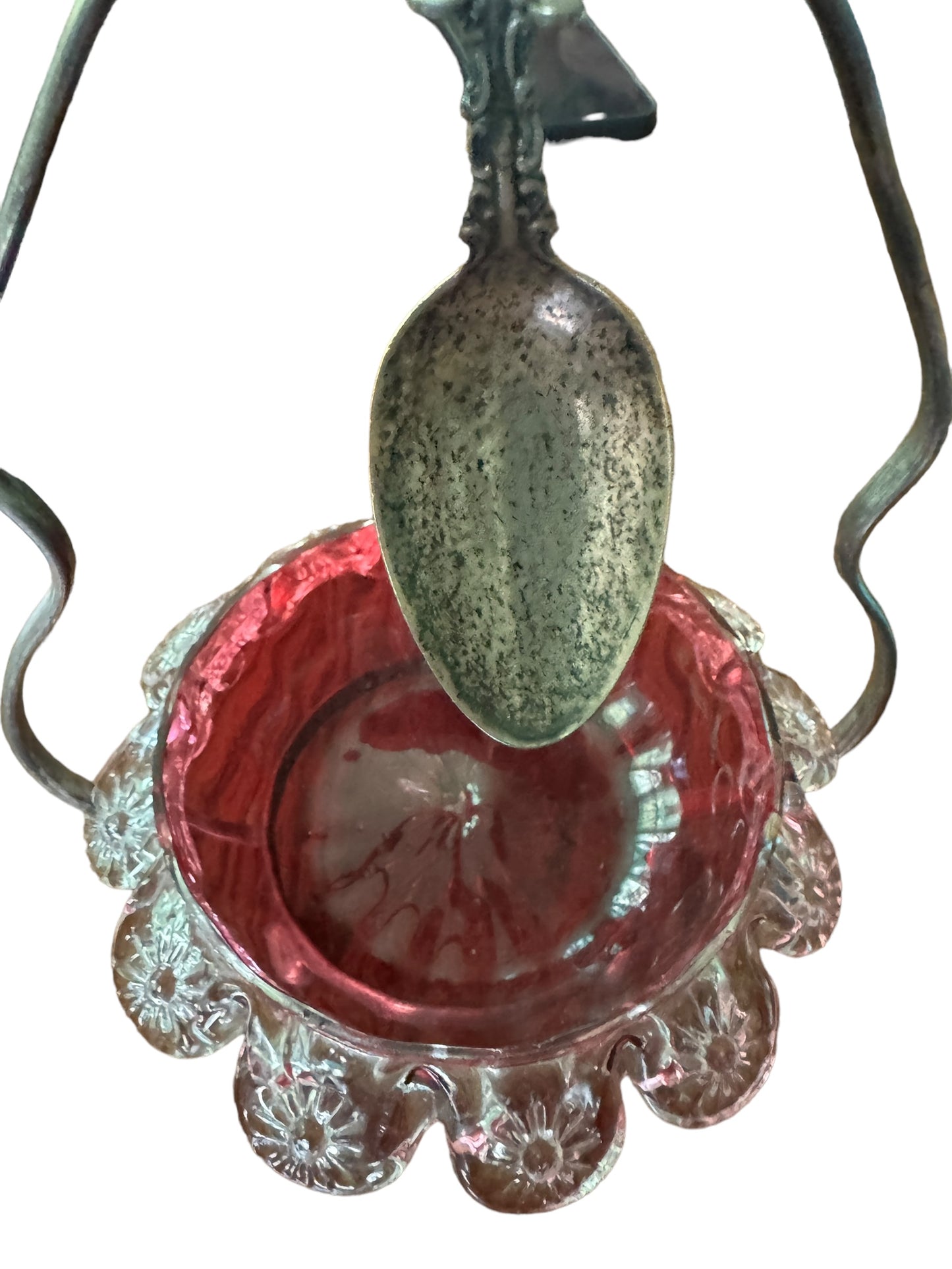 Antique Cranberry Glass Condiment / Spoon Holder Silver Spoon