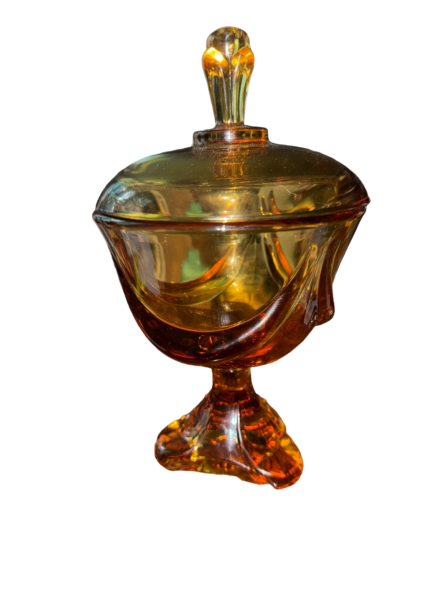 Vintage Viking Glass Epic Drape Candy Dish with Lid in Amber 3 Toe Tres Foil