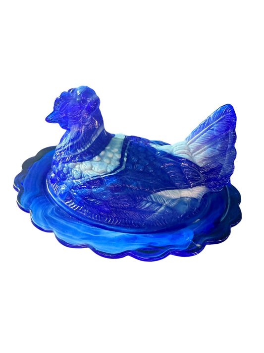 Vintage Large Mosser Cobalt Blue Slag 6.5 inch Hen On A Nest