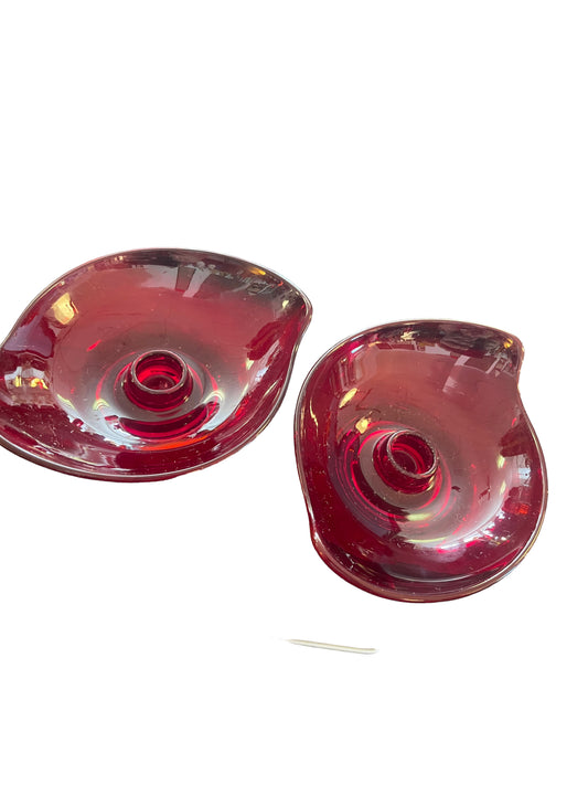 Vintage Viking Glass Ruby Red Candle Holders Pair - Mid Century Modern