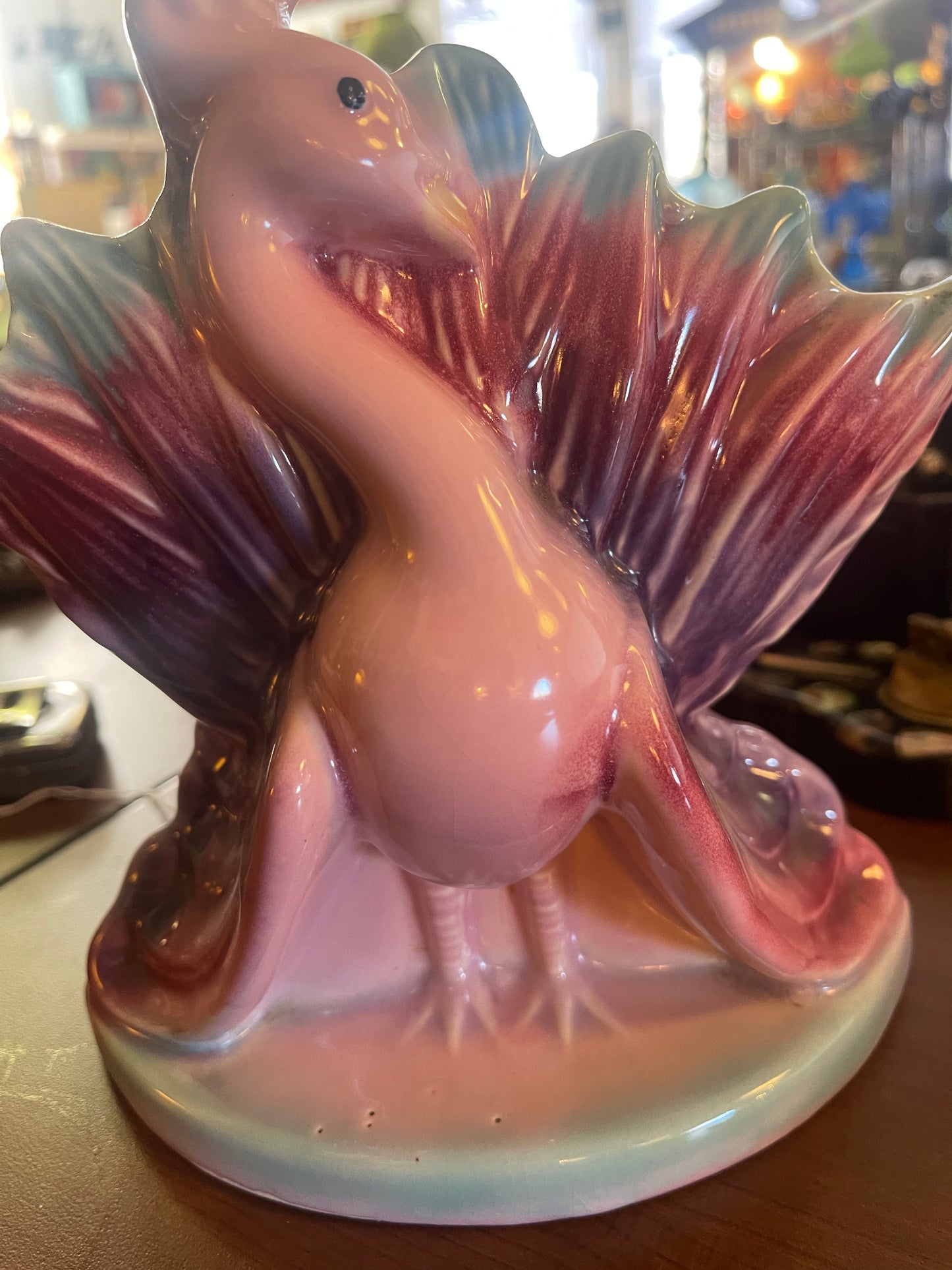 Antique Peacock almost 9" tall Ceramic Planter / Vase in Pink Green and Purple
