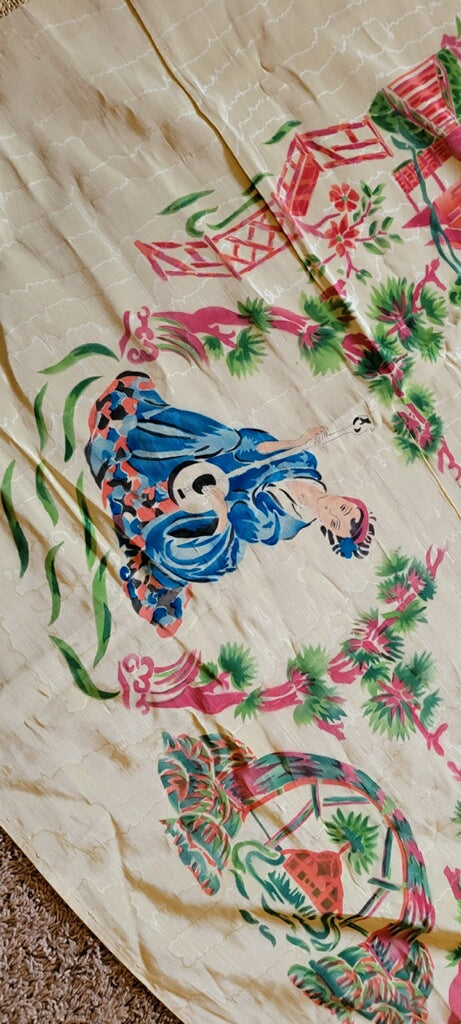 Antique Asian Inspired Hand Painted Bed Coverlet from Italy