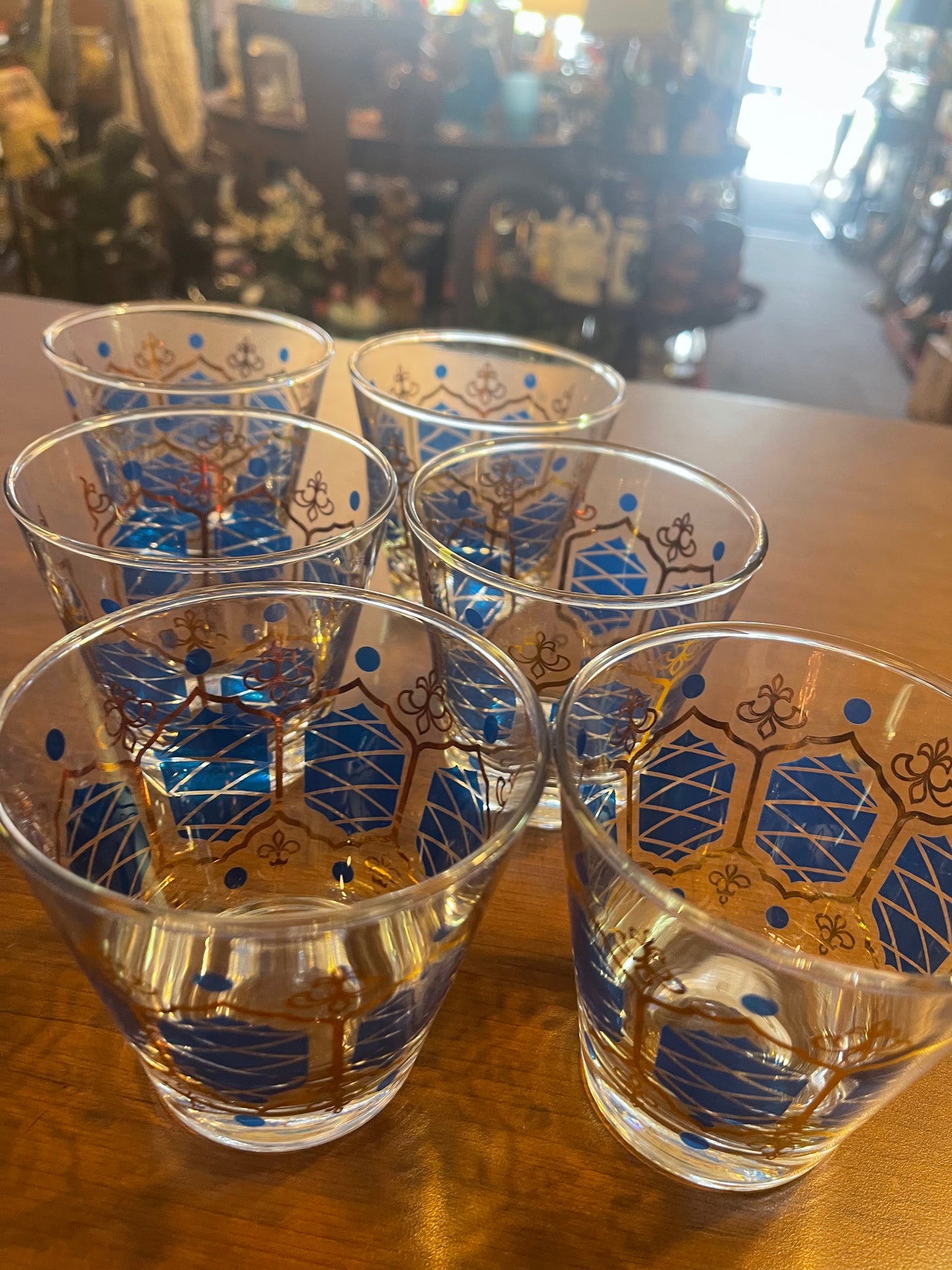 Mid Century Blue Gold Window Glass Set of 10 Barware Hollywood Regency