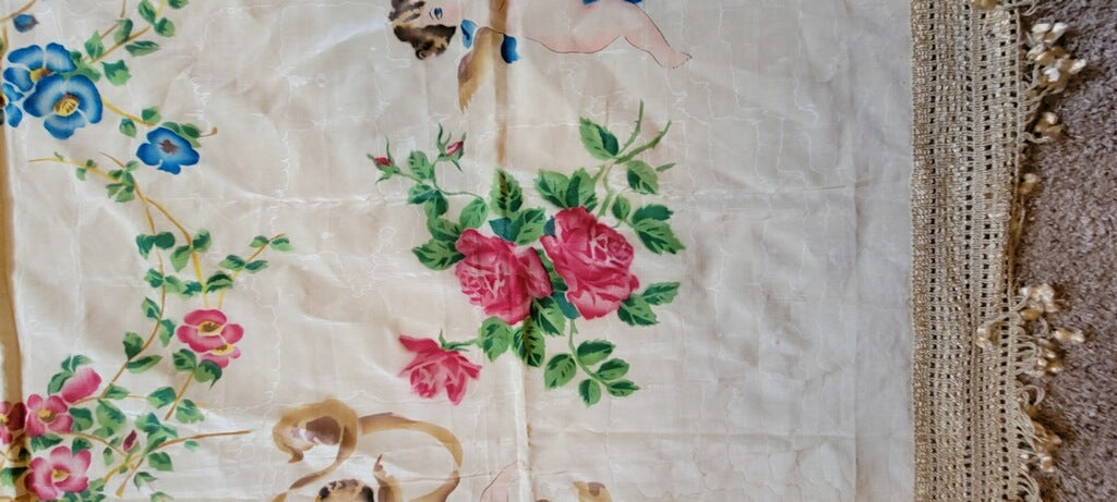 Antique Floral Cherub  Hand Painted Bed Coverlet from Italy