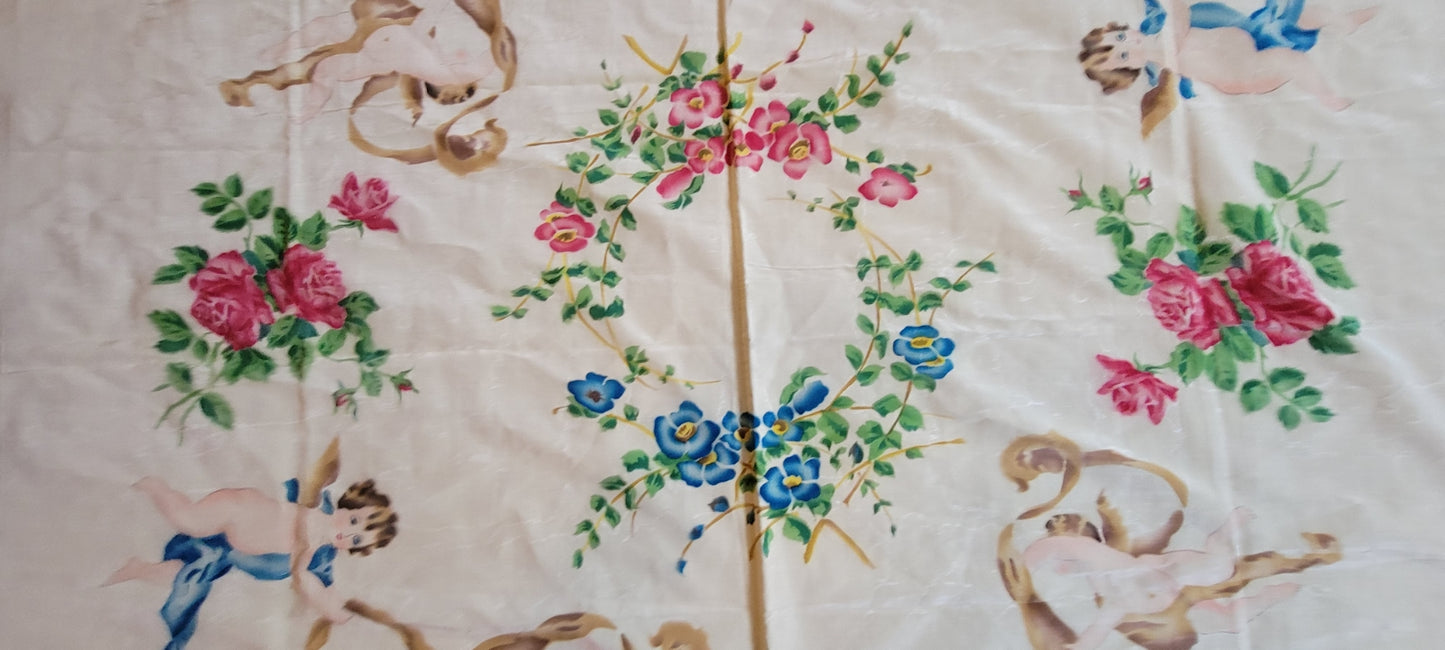 Antique Floral Cherub  Hand Painted Bed Coverlet from Italy
