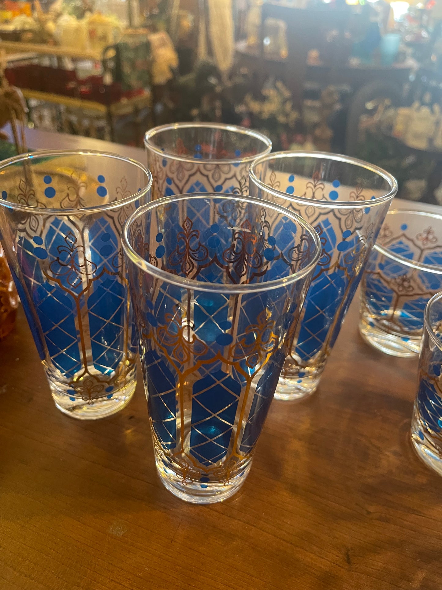 Mid Century Blue Gold Window Glass Set of 10 Barware Hollywood Regency