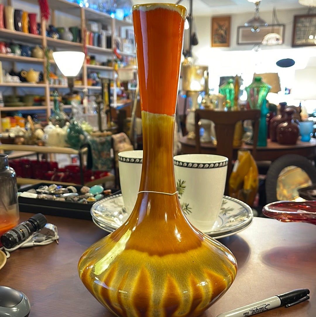 Mid Century Drip Glaze Genie Bottle Vase in Orange and Brown Boho