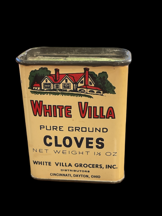 Vintage White Villa  Grocers Cloves Spice Tin Cincinnati Dayton Ohio