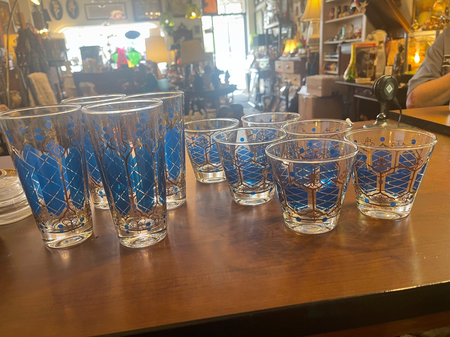 Mid Century Blue Gold Window Glass Set of 10 Barware Hollywood Regency