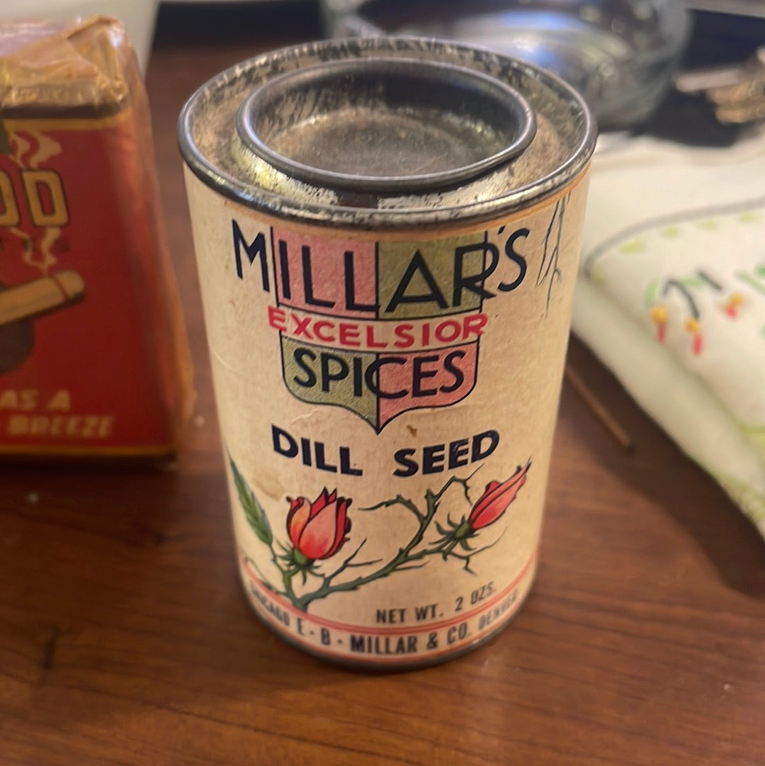 Vintage Millar's Excelsior Dill Seed Round Tin E.B. Millar Chicago IL Denver CO