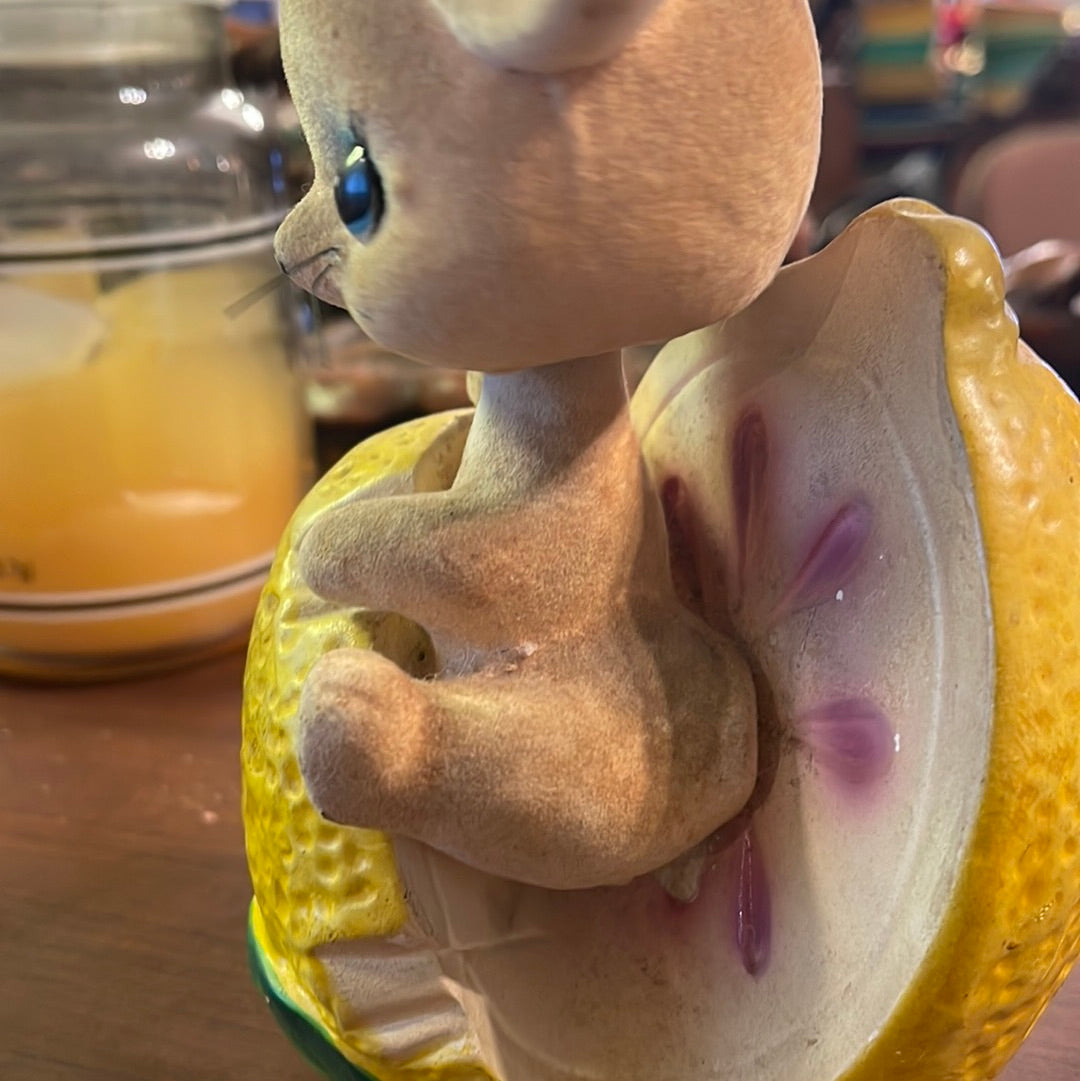 Vintage Flocked MOUSE in lemon Nodder BOBBLEHEAD Coin Piggy Bank