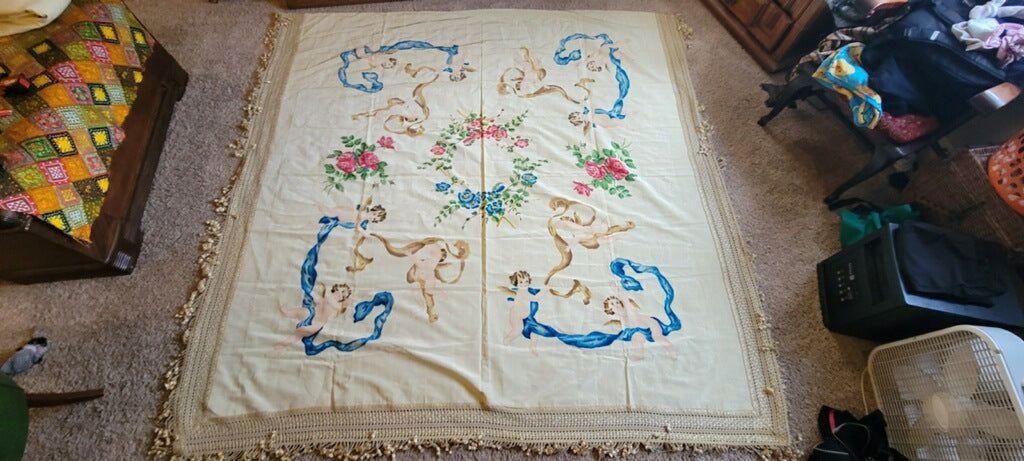 Antique Floral Cherub  Hand Painted Bed Coverlet from Italy