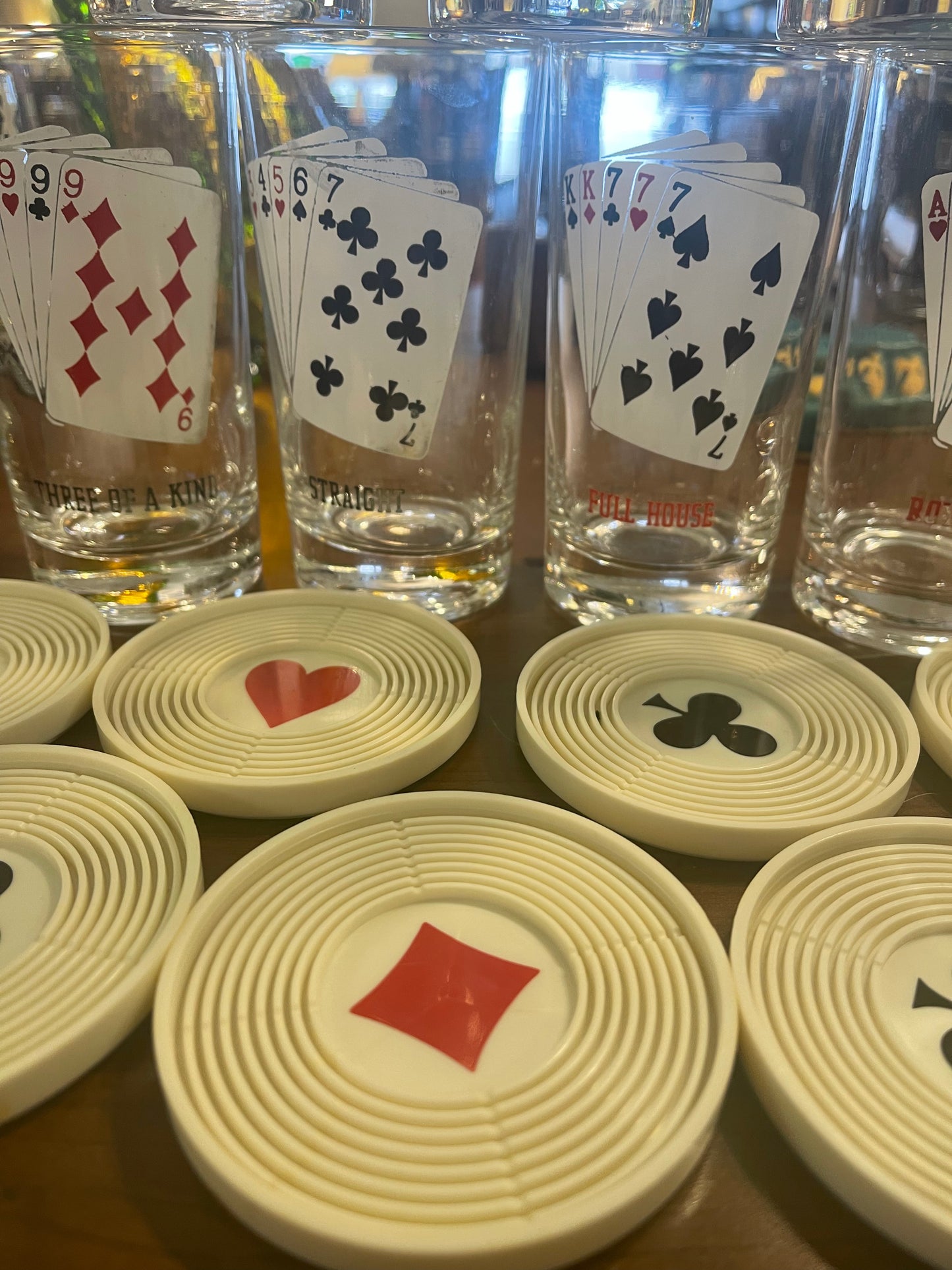 Vintage Poker Highball Barware Glasses W/ Coasters Mid Century Modern