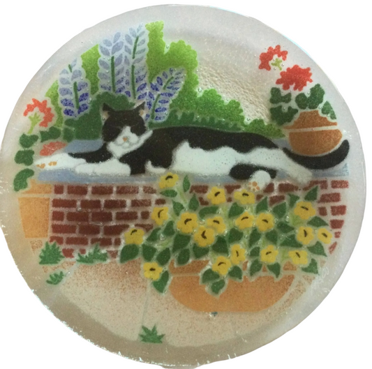 Fused Glass Tuxedo Black and White Cat Fused Glass Heavy Plate
