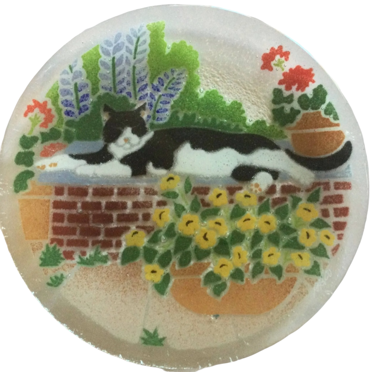 Fused Glass Tuxedo Black and White Cat Fused Glass Heavy Plate