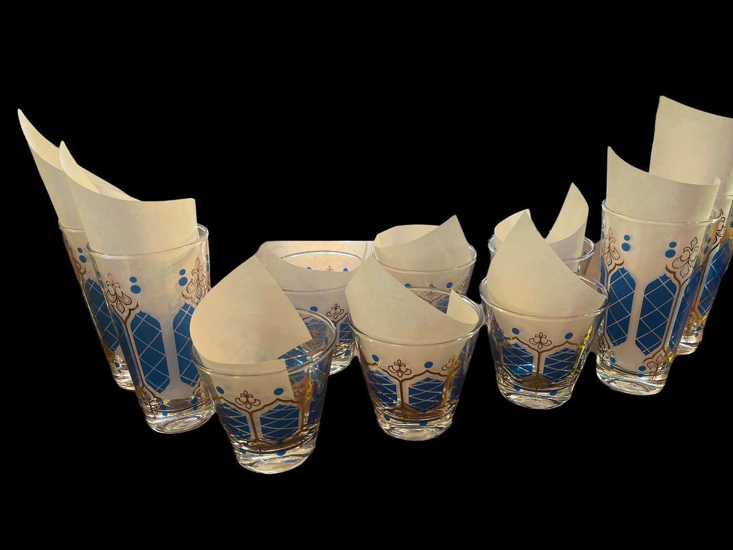 Mid Century Blue Gold Window Glass Set of 10 Barware Hollywood Regency