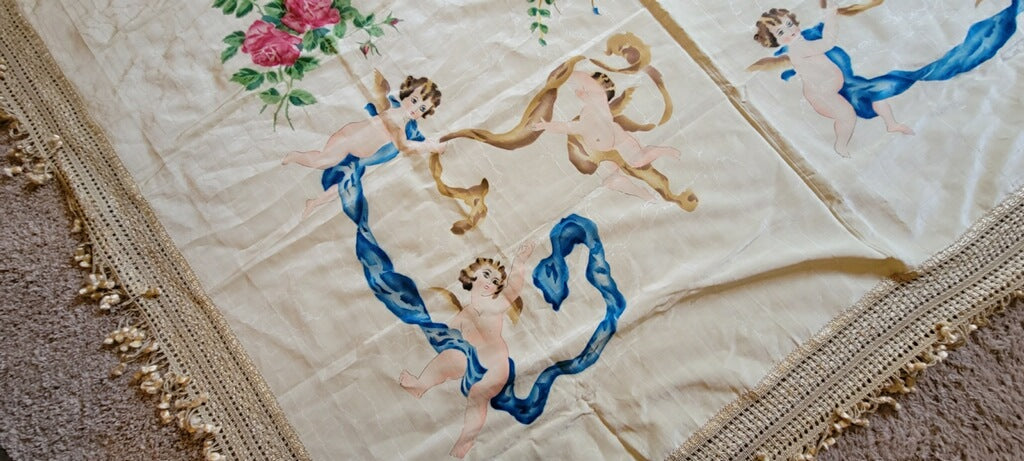 Antique Floral Cherub  Hand Painted Bed Coverlet from Italy