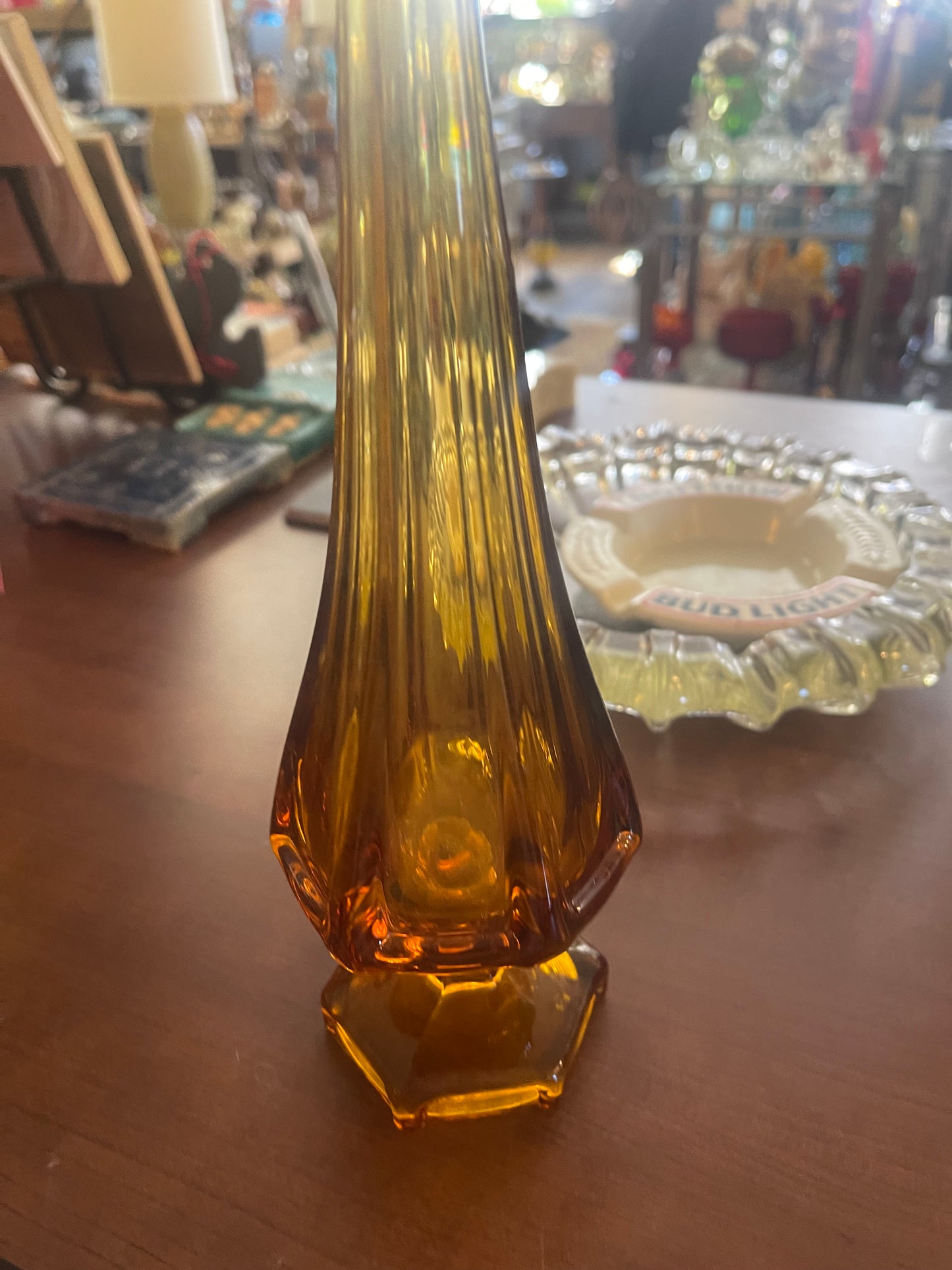 Viking Glass Amber 14.5” 6 Panel Mid Century Modern Vintage Vase
