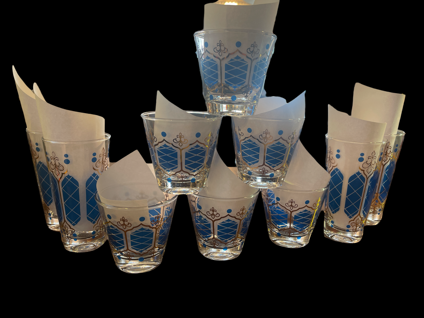 Mid Century Blue Gold Window Glass Set of 10 Barware Hollywood Regency