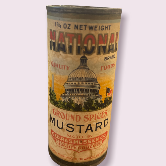 Vintage National Mustard Spice Round Tin Geo Rasmussen Co. Chicago Des Moines