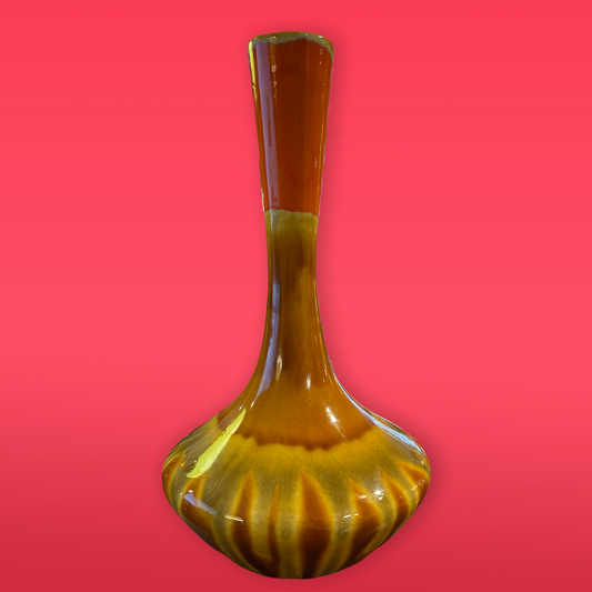 Mid Century Drip Glaze Genie Bottle Vase in Orange and Brown Boho
