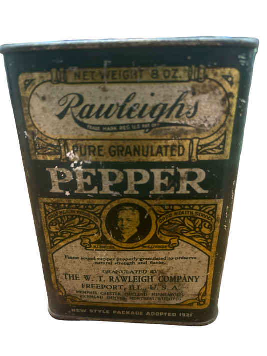 Vintage Rawleighs Spice Tin Pepper 8oz LARGE FREEPORT IL Co.