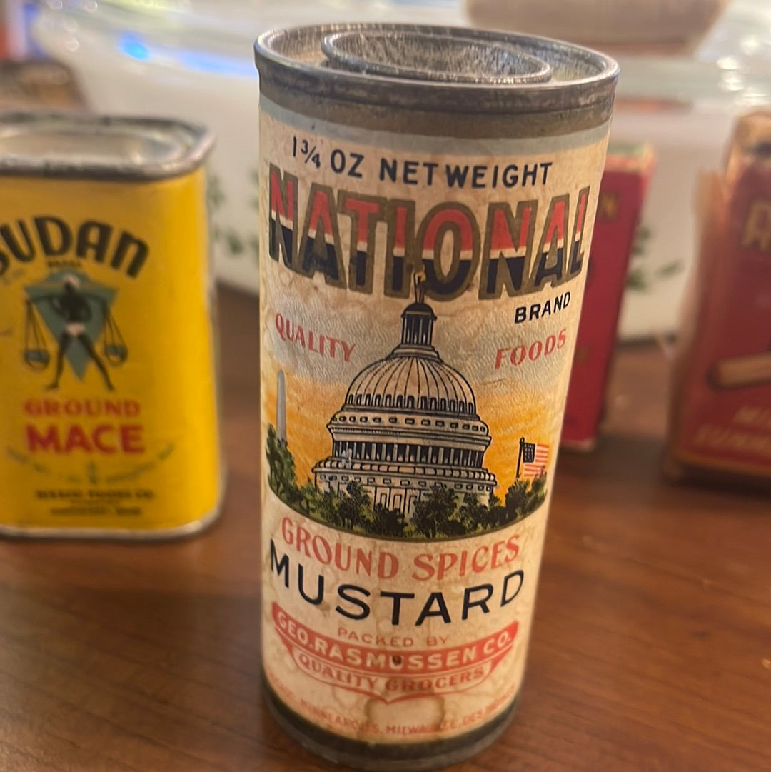 Vintage National Mustard Spice Round Tin Geo Rasmussen Co. Chicago Des Moines