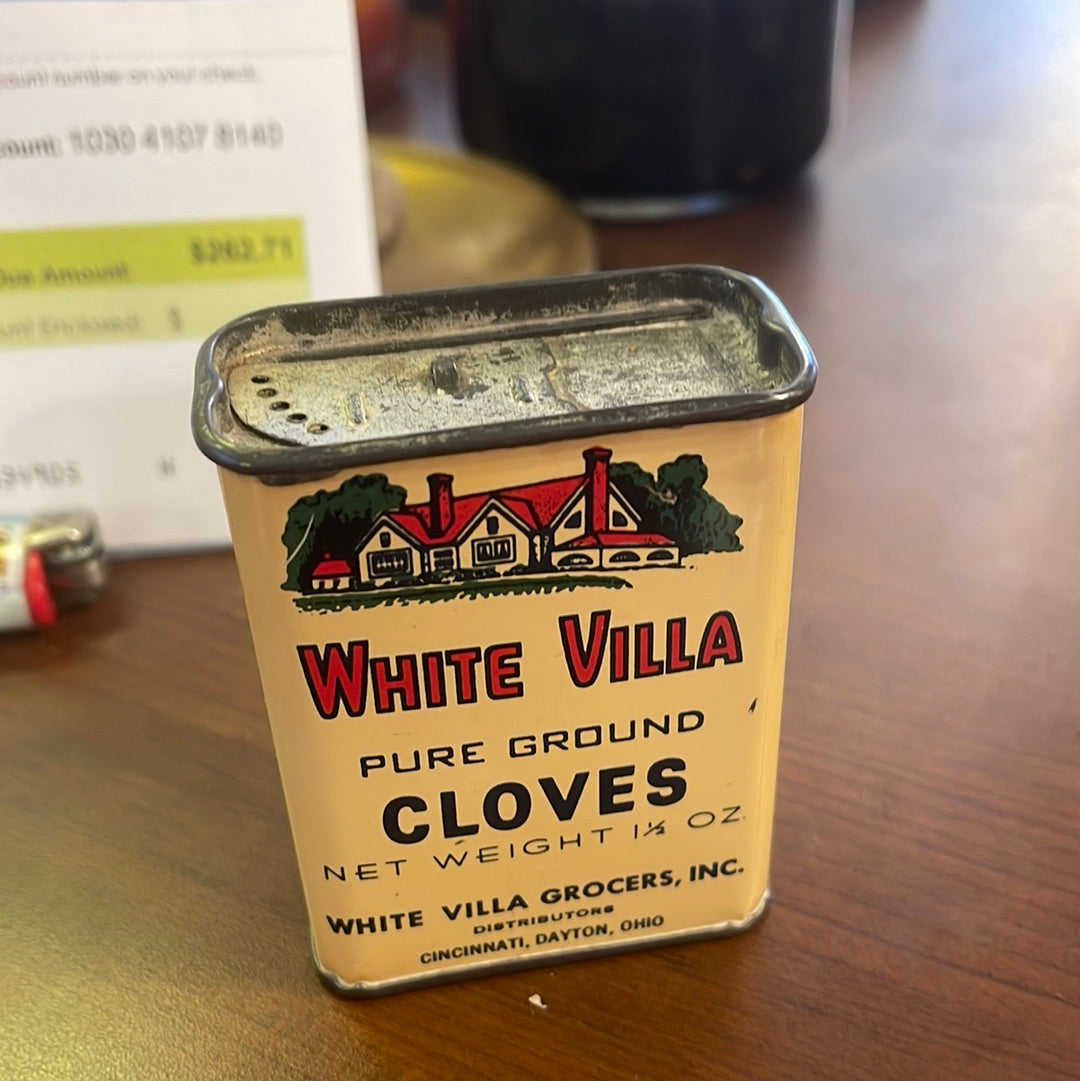 Vintage White Villa  Grocers Cloves Spice Tin Cincinnati Dayton Ohio