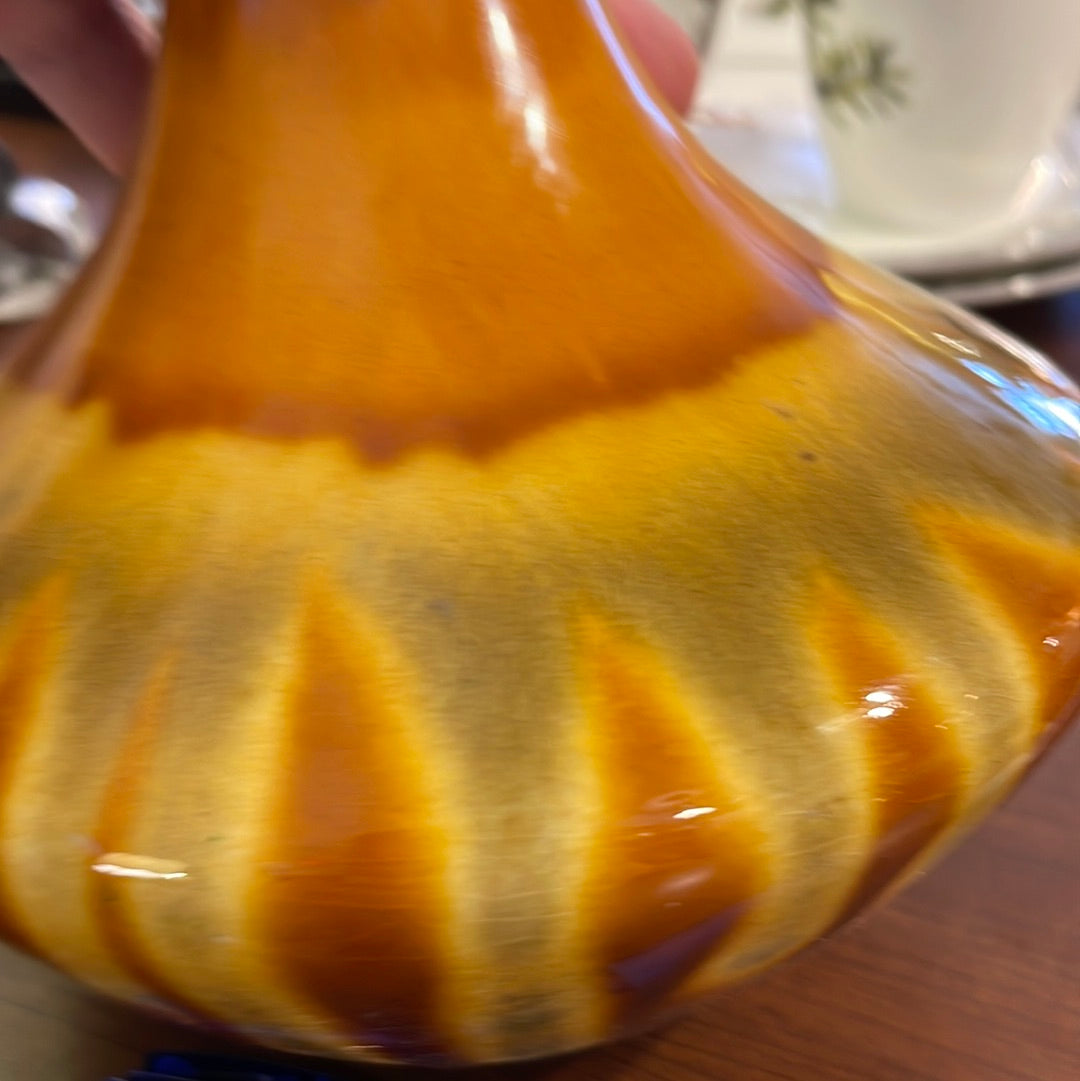 Mid Century Drip Glaze Genie Bottle Vase in Orange and Brown Boho