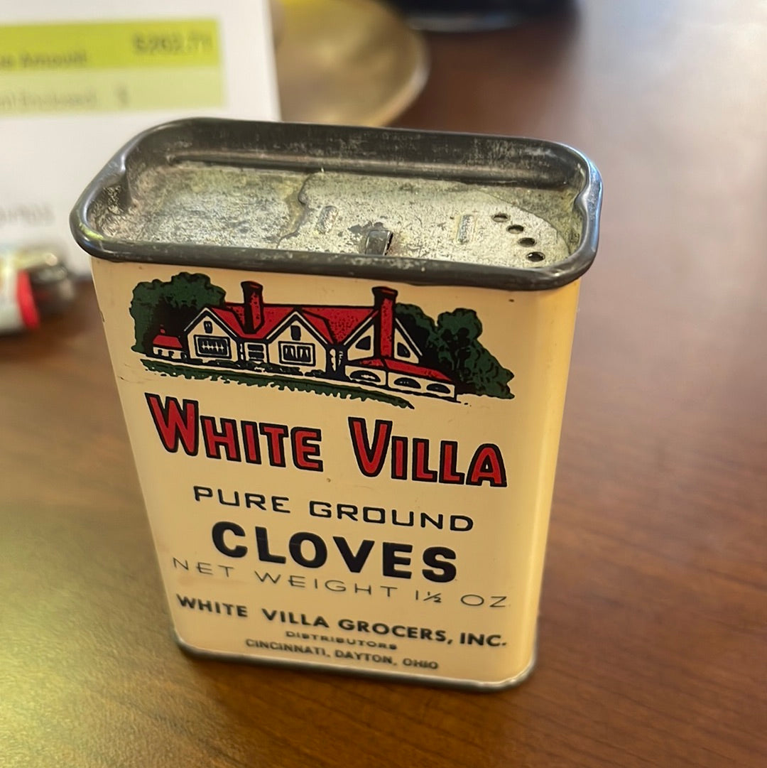 Vintage White Villa  Grocers Cloves Spice Tin Cincinnati Dayton Ohio