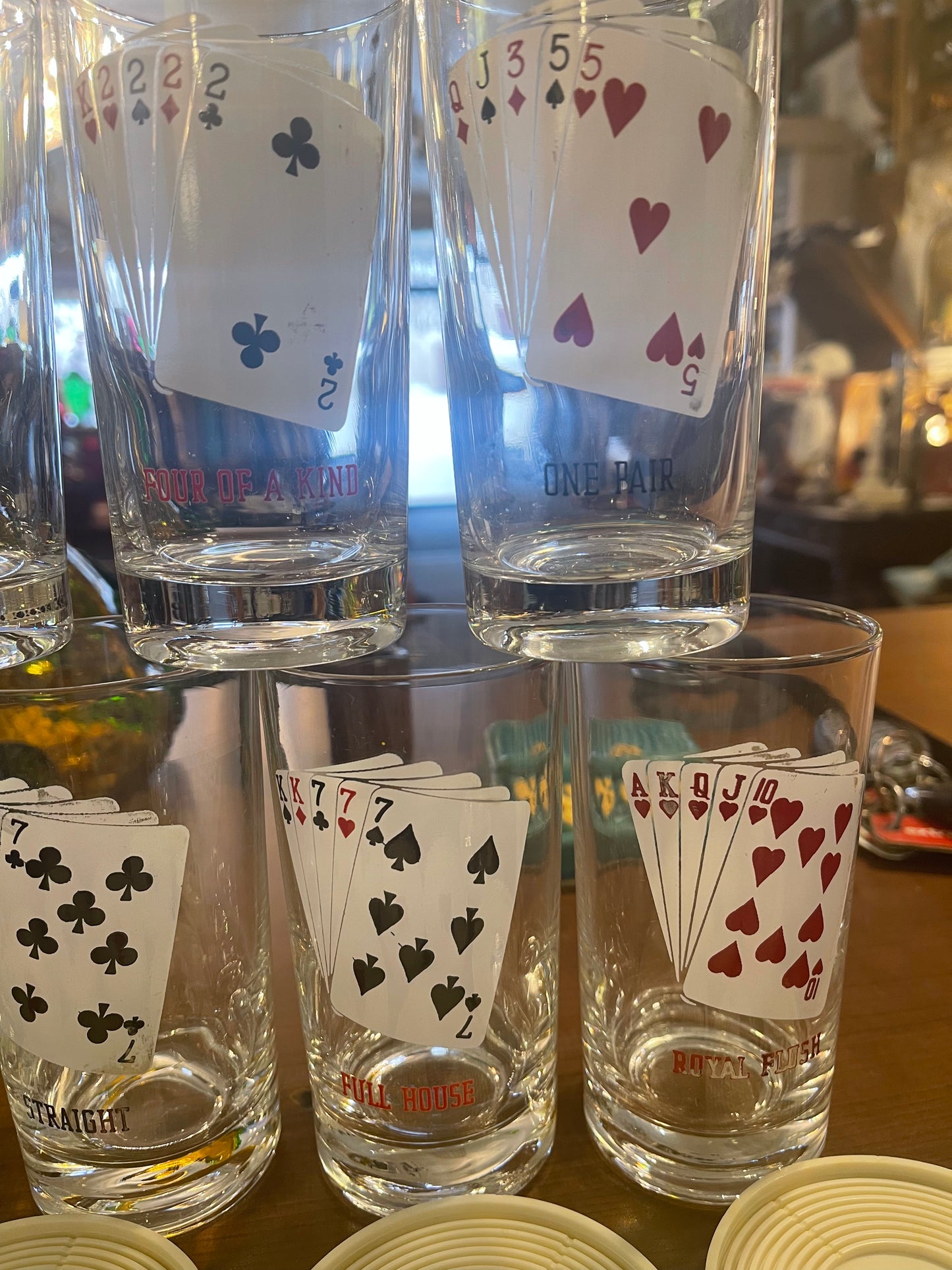 Vintage Poker Highball Barware Glasses W/ Coasters Mid Century Modern