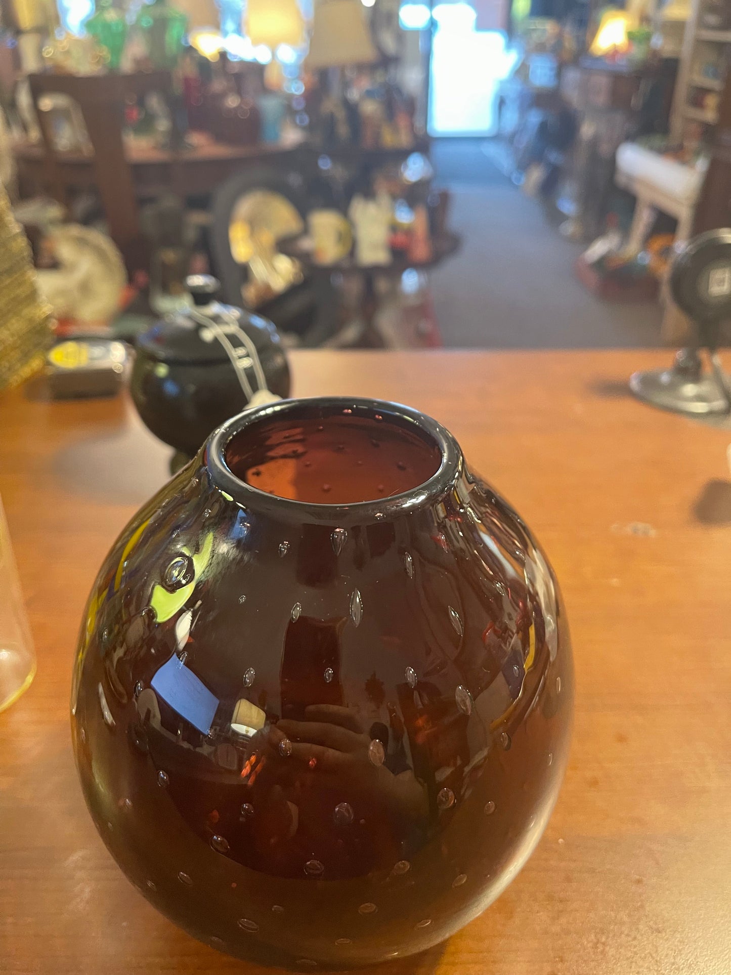 Murano Art Glass Bullicante Round Vase 6' Tall Dark Purple Vintage