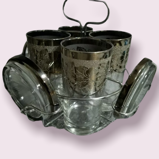 NEW Queen's Lusterware Fade Grape Glass Set W/ Caddy & Coasters Mid Century Barware