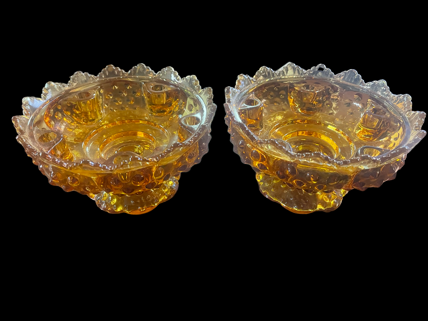 Fenton Amber Hobnail Glass Pedestal Centerpiece Bowls 6 Candle Holder PAIR SET