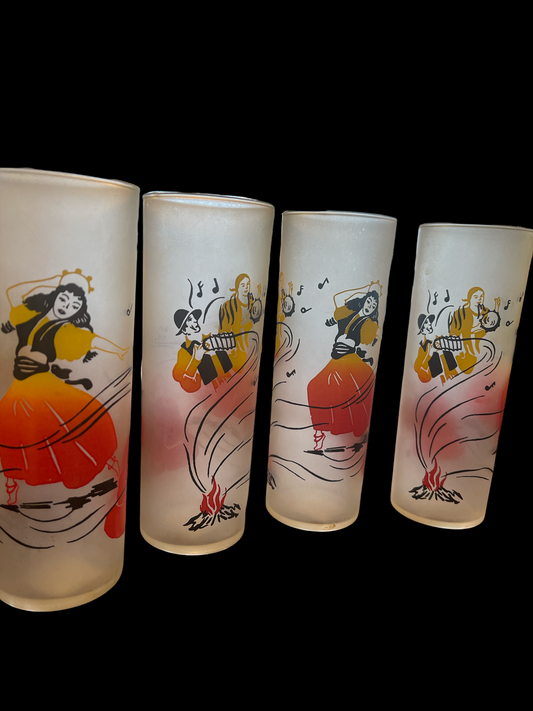 Vintage Federal Set of 4 Frosted Glass Dancing Gypsy Four Tall Zombie