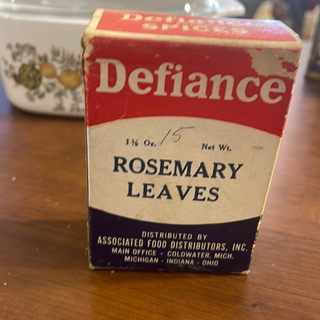 Defiance Spice Tin Cardboard Box Rosemary Michigan Associated Foods 1 1/2oz