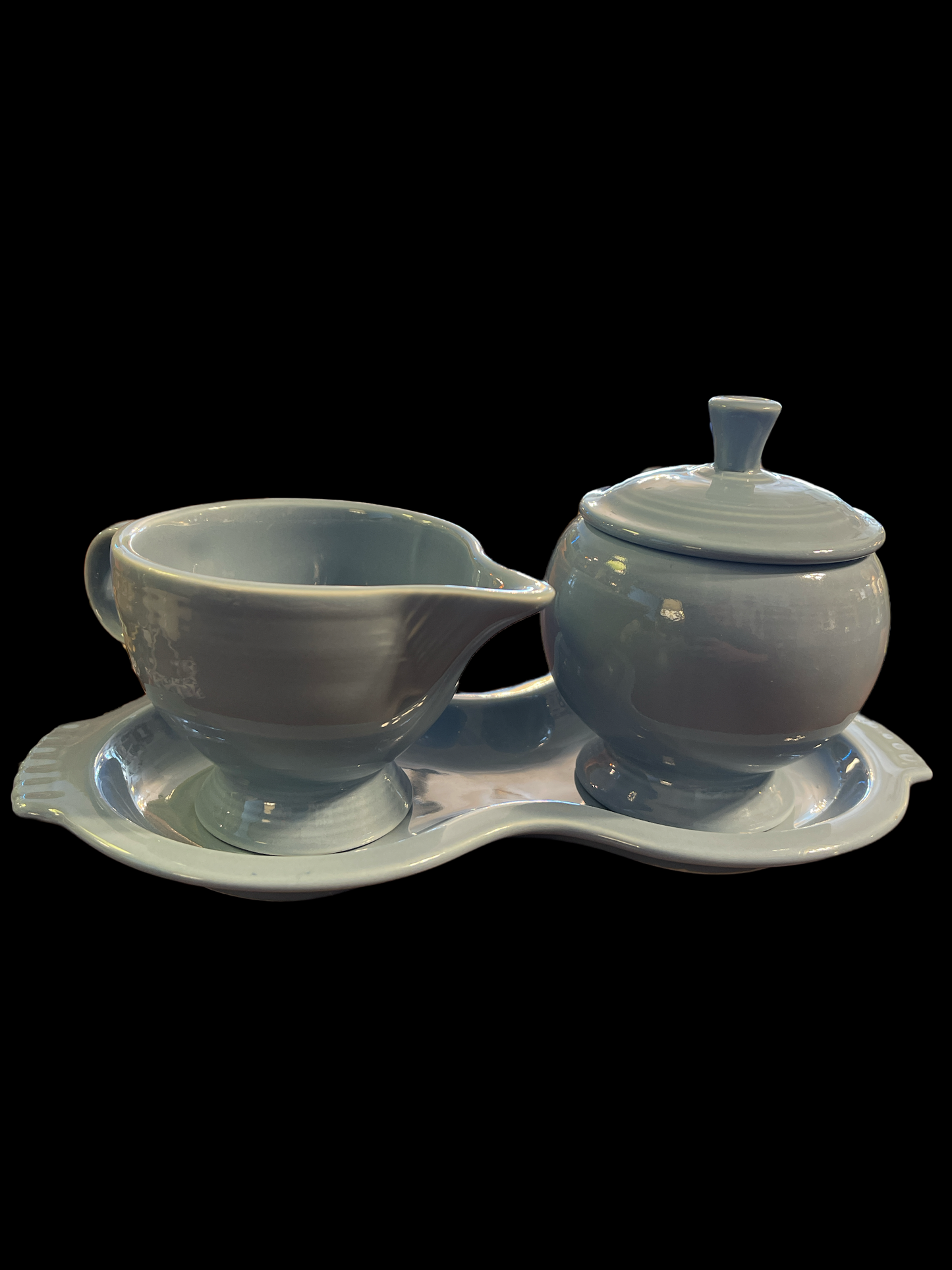 Fiesta Individual Sugar Bowl Creamer and figure 8 Tray Set in Periwinkle