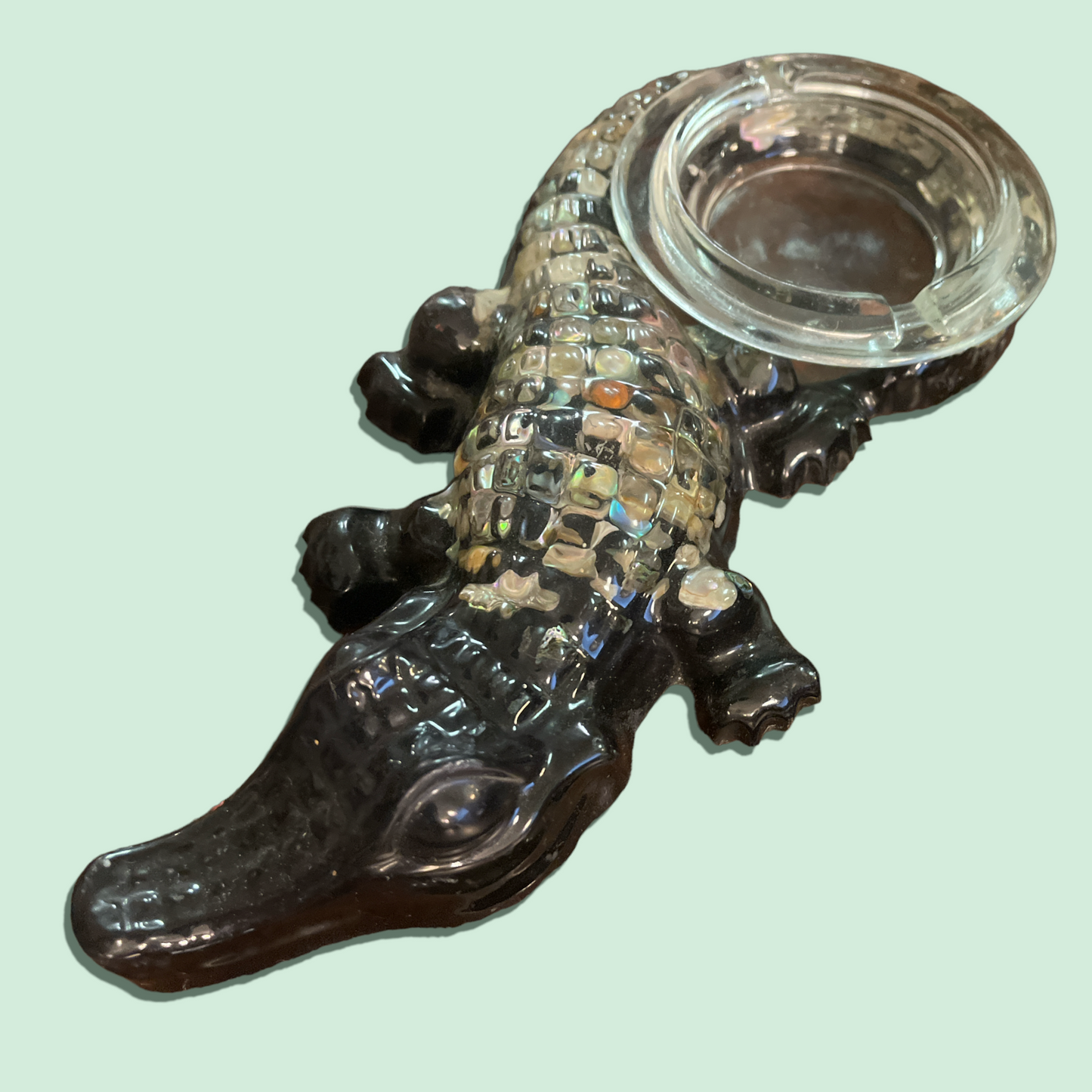 Vintage 9' Lucite Abalone Alligator Ashtray Mid Century Modern