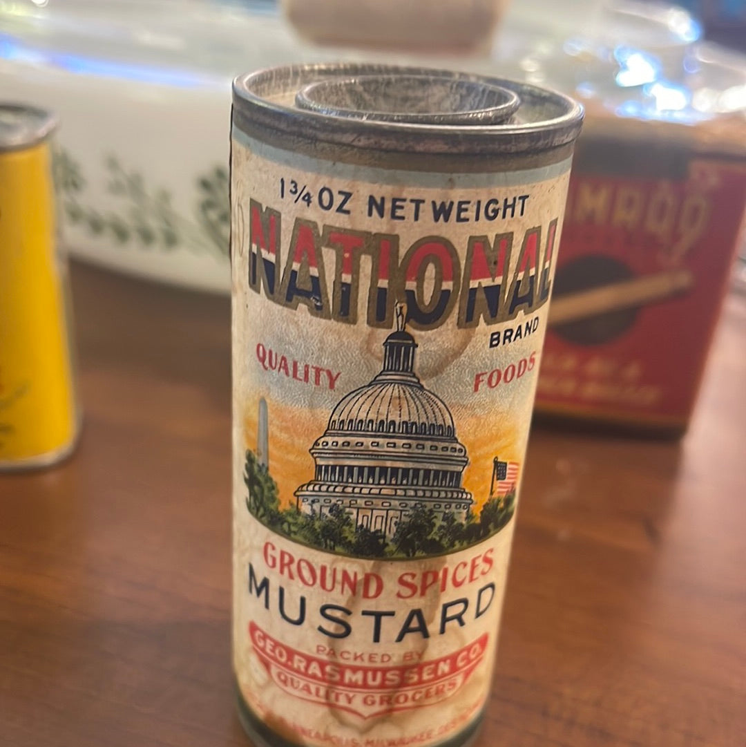 Vintage National Mustard Spice Round Tin Geo Rasmussen Co. Chicago Des Moines