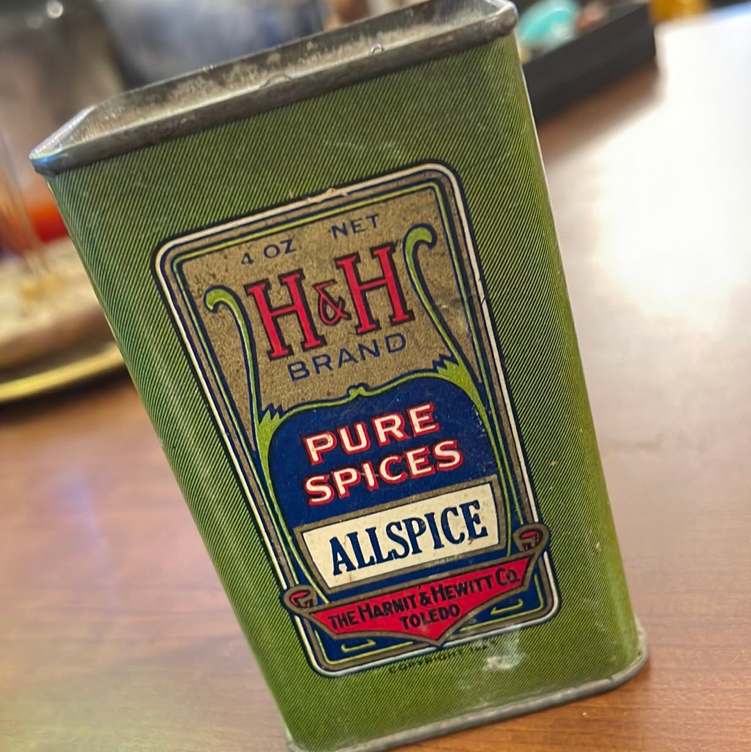 Vintage H&H Pure Spices Large AllSpice Tin Harnit and Hewitt Co Toledo OH 4oz