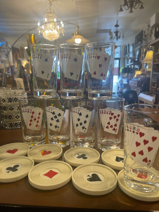 Vintage Poker Highball Barware Glasses W/ Coasters Mid Century Modern