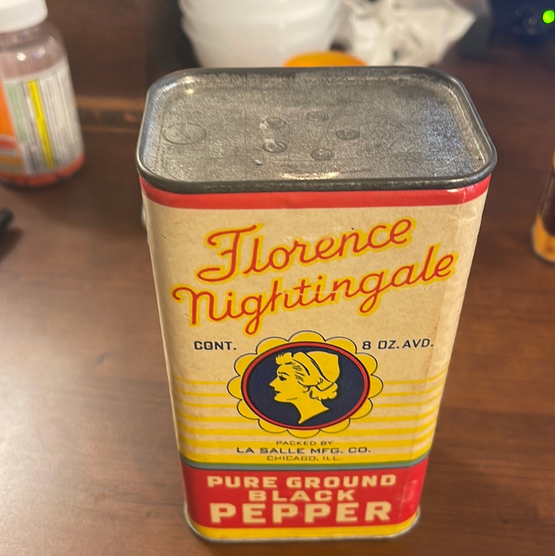 Vintage LARGE Spice Tin Florence Nightingale Pepper 8 OZ  La Selle Mfg. Chicago IL